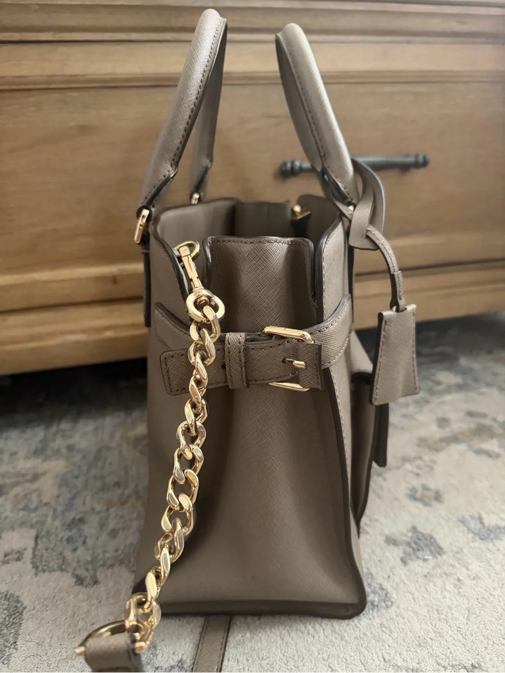 Michael Kors Taupe Saffiano Satchel with Gold Chain Accents